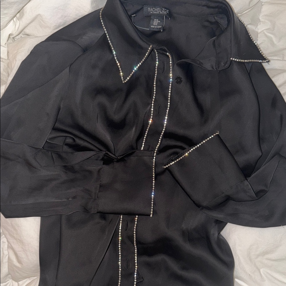 Rachel Zoe Black Satin Button-Down Shirt with Crystal Trim